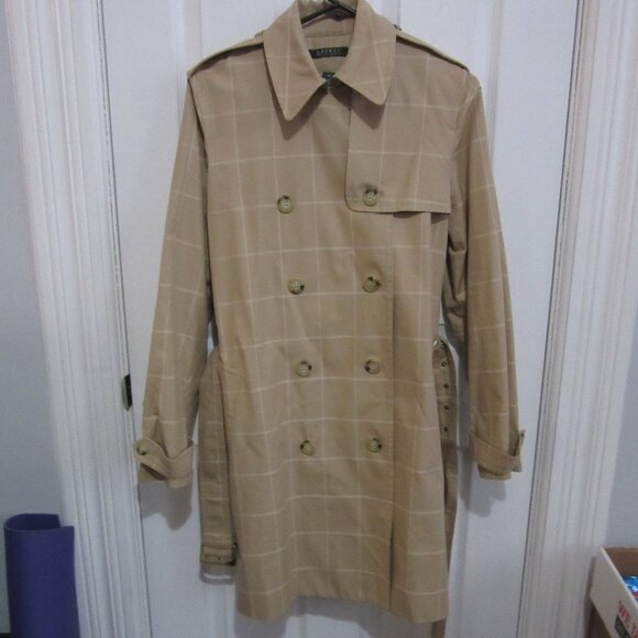 LAUREN Ralph Lauren Womens Trench Coat Window Pane Tan Belted Sz M EUC